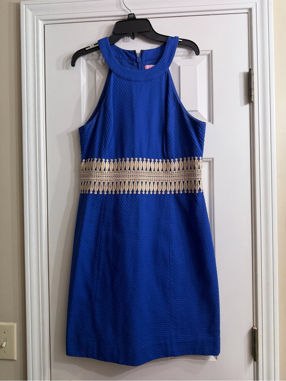Blue Sleeveless Dress with Gold Lace Waistband